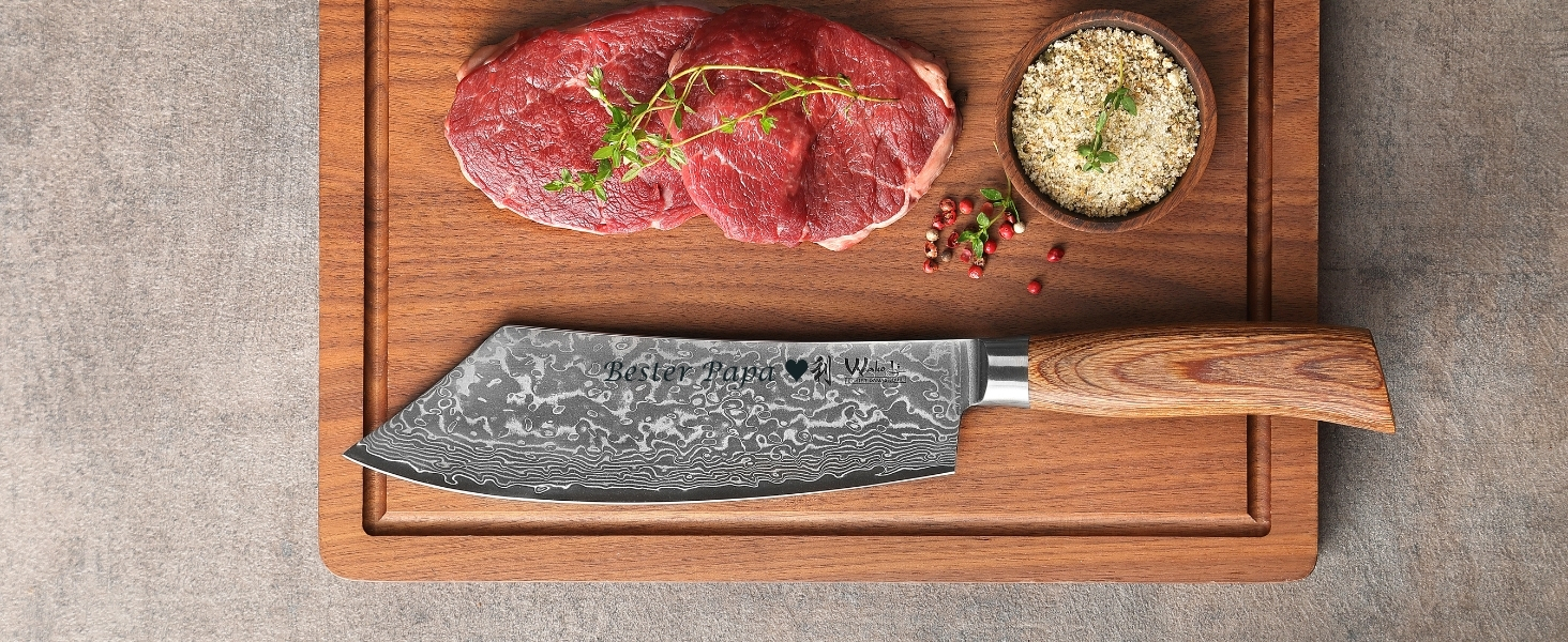 Ніж кухарський Wakoli EDIB Pro Damast BBQ & Blockmesser 20 см з лезом з 67 шарів дамаської сталі (VG10) з ергономічною ручкою для м'яса, грилю та смаження. У подарунковій коробці з можливістю гравіювання.