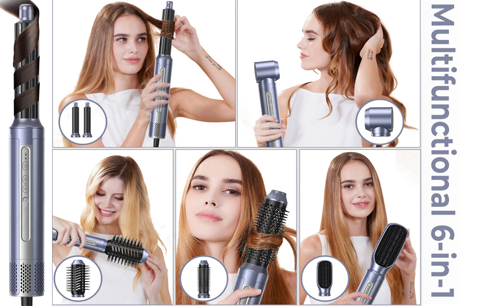 Набір для укладки волосся 6 в 1: фен-щітка, плойка, негайні іони, 110000 обертів, керування температурою, сріблястий