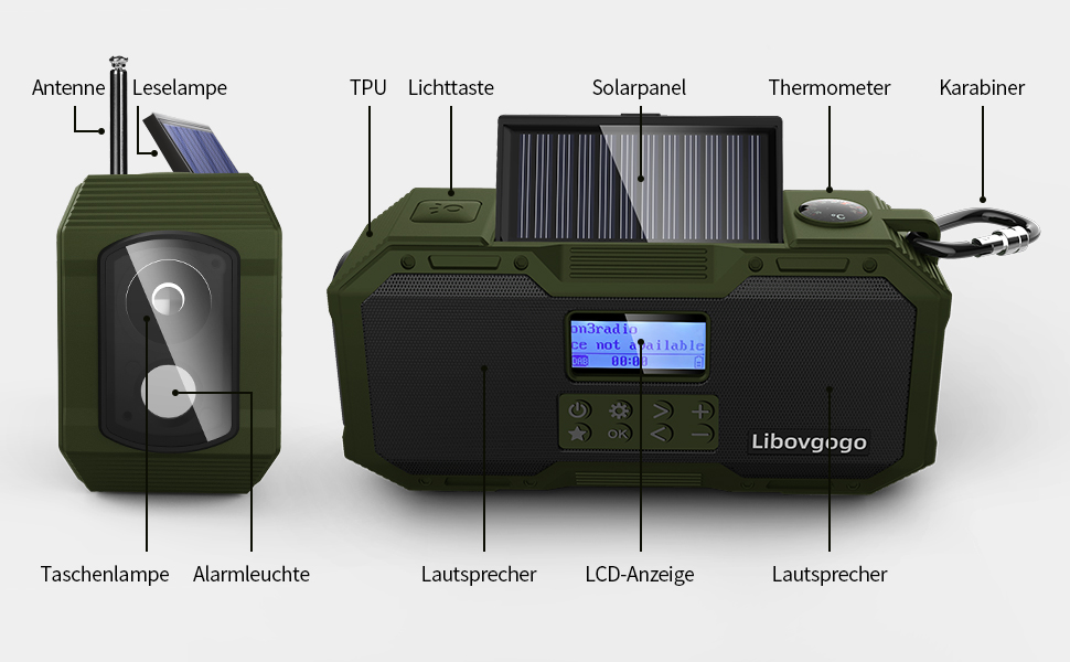 Портативне радіо Libovgogo DF-588D DAB+ FM з Bluetooth, водонепроникний динамік, радіо з ручкою, сонячна панель, Powerbank 4000mAh, ліхтарик, стробоскоп, нічник, будильник, SOS