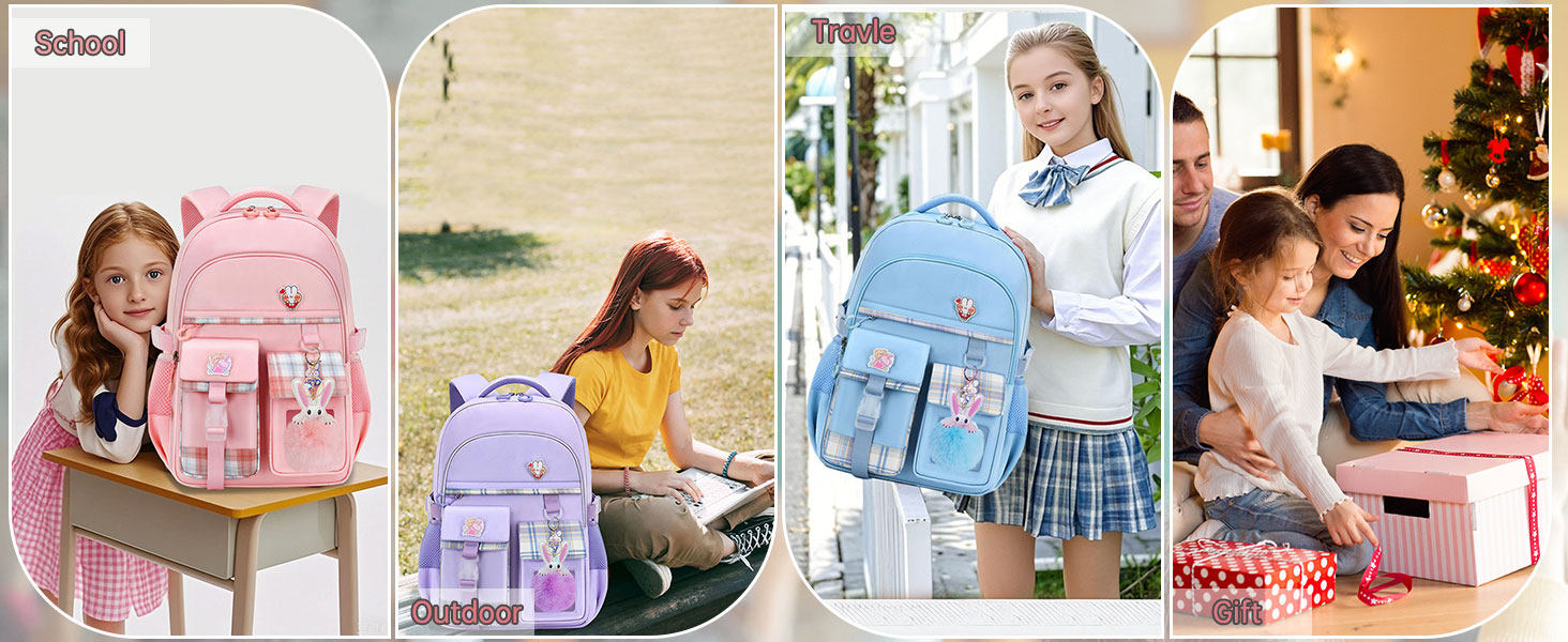 Сумка для школи для дівчаток - велика містка рюкзак Каваї з відділом для ноутбука для учнів початкової та середньої школи, блакитний