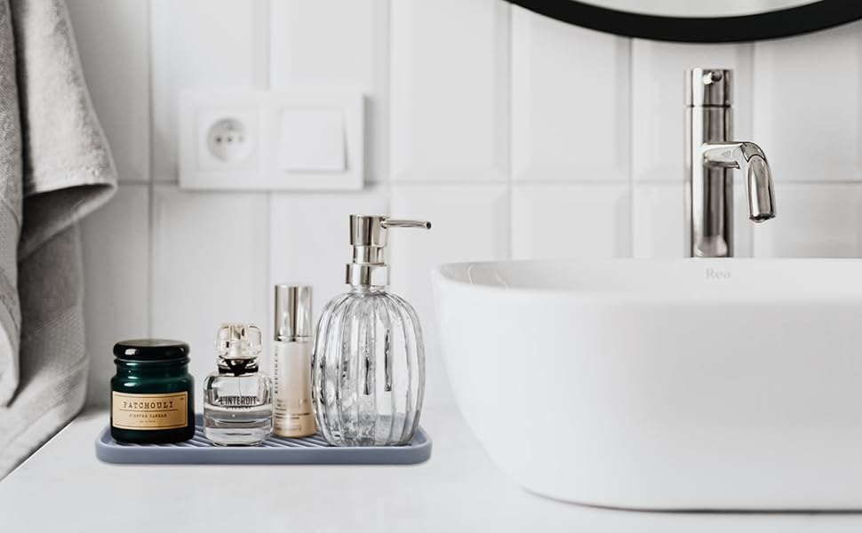 Стильний тримач для мила з силікону для раковини, органайзер для кухні, ванної, туалетного столика, столу, зберігання губки, мила, щітки, косметики, пляшок, довговічний, 2 шт. (23.5 x 9.5 x 1.4 см, Сірий)