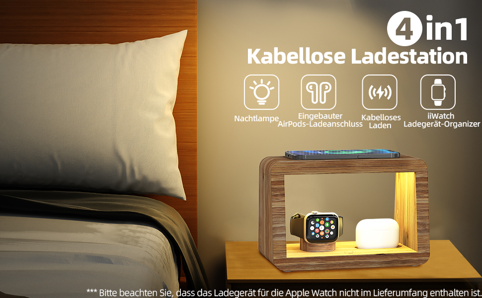 Багатофункціональна заряджна станція 5-в-1 з бездротовим зарядним пристроєм, світлодіодним нічником та годинником, бамбукова, сумісна з Apple Watch, AirPods, Samsung Galaxy та іншими пристроями