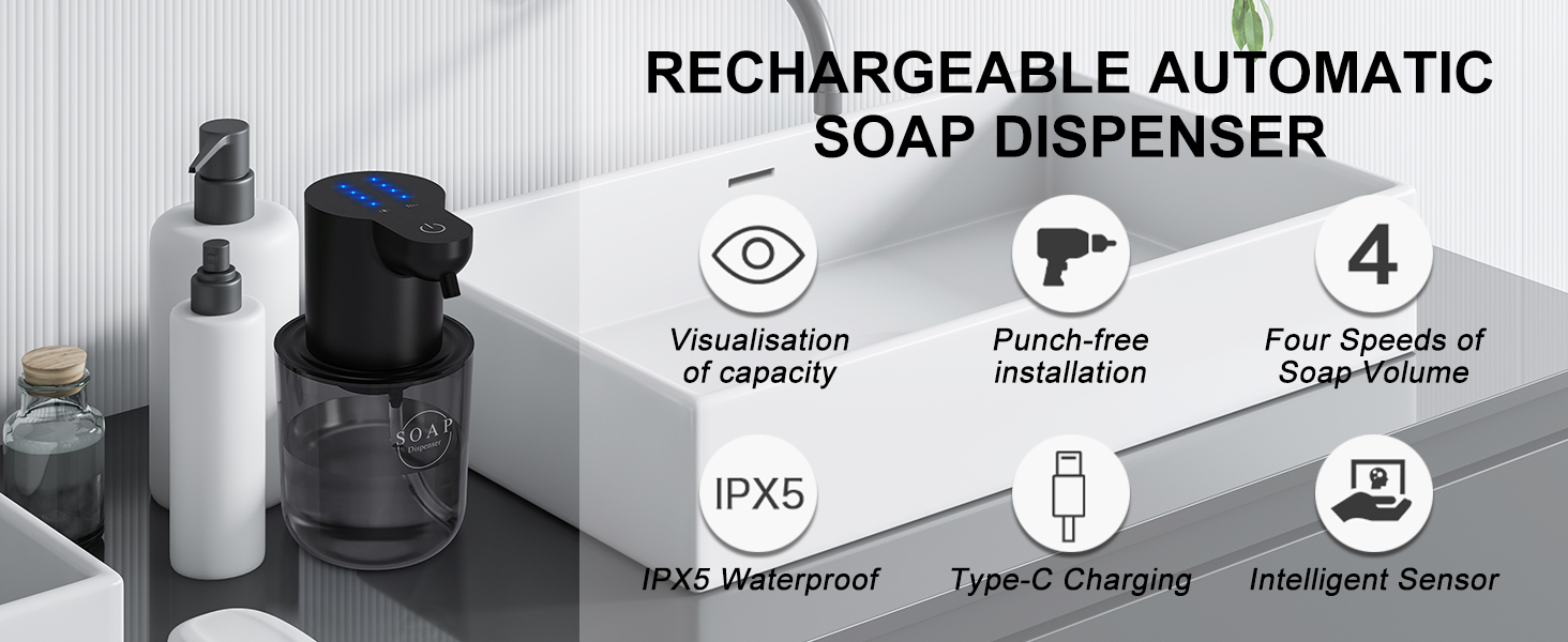 Автоматичний диспенсер для рідкого мила Cuteefun, 400 мл, сенсорний, індикатор заряду, 4 рівні дозування, для ванної/кухні, чорний
