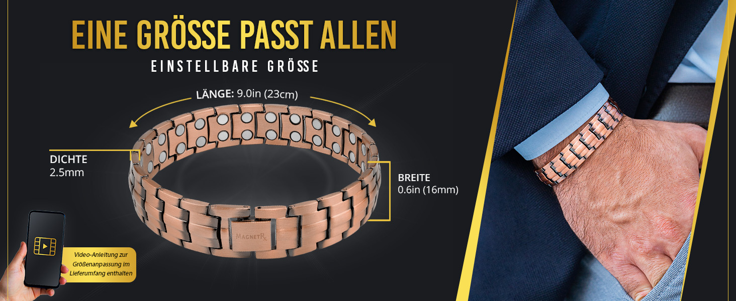 Магнітний браслет MagnetRX® для чоловіків з чистої міді - Браслет для магнітної терапії, ідеальний при артриті та синдромі карпального тунелю - З інструментом для регулювання розміру (Classic Style)