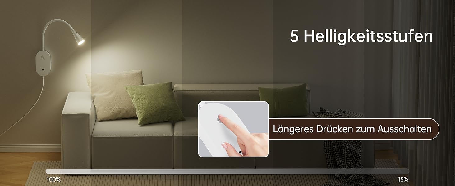 Нічник-лампа для читання Wandleuchte з USB, 5 рівнів яскравості, сенсорне керування, гнучкий кронштейн, білий