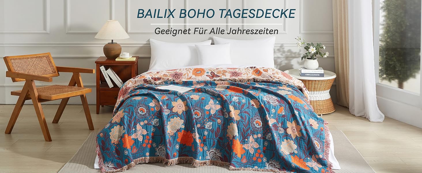 Богемна ковдра Boho з 100% бавовни, м'яка двостороння муслінова ковдра 150x200 см, плед для дивану та ліжка, декоративна patchwork ковдра, літня ковдра для вітальні, зелено-бежева (200 x 230 см, Blumentanz)