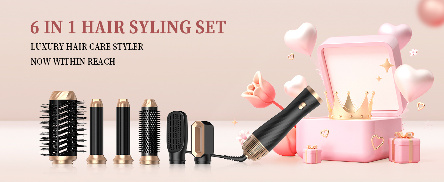Набір для укладки волосся OKWRAP Airstyler 6 в 1: фен-щітка, автоматична завивка, об'ємні насадки, чорний/золотий