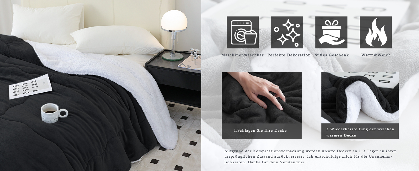 CHOSHOME Плед пухнастий, теплий, фланелевий, мікрофібра, 230x270 см (Чорний)