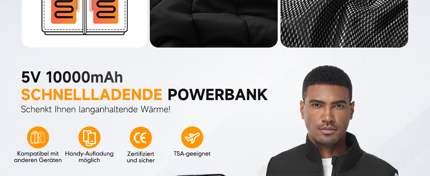 Обогріваючий жилет, жилет з підігрівом для жінок та чоловіків, тепла куртка з акумулятором, куртка з підігрівом з Powerbank, 7.4V/5.0V куртка з 3 рівнями налаштування температури, 6 зон обігріву, теплий жилет, зимова куртка, водонепроникний одяг з акумулятором, чорний - 10000mAh 5V Powerbank