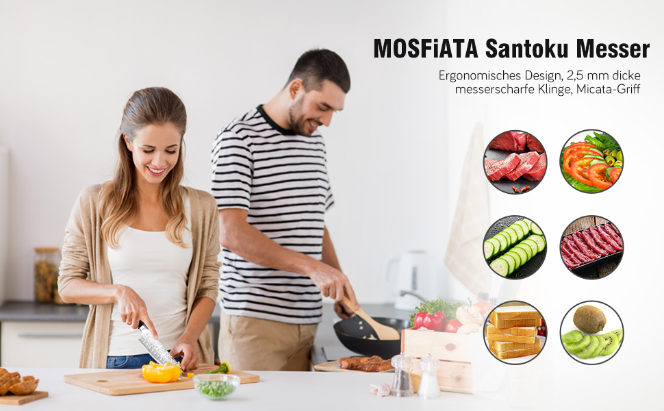 Професійний кухонний ніж MOSFiATA Santoku з нержавіючої сталі, дуже гострий, у подарунковій коробці