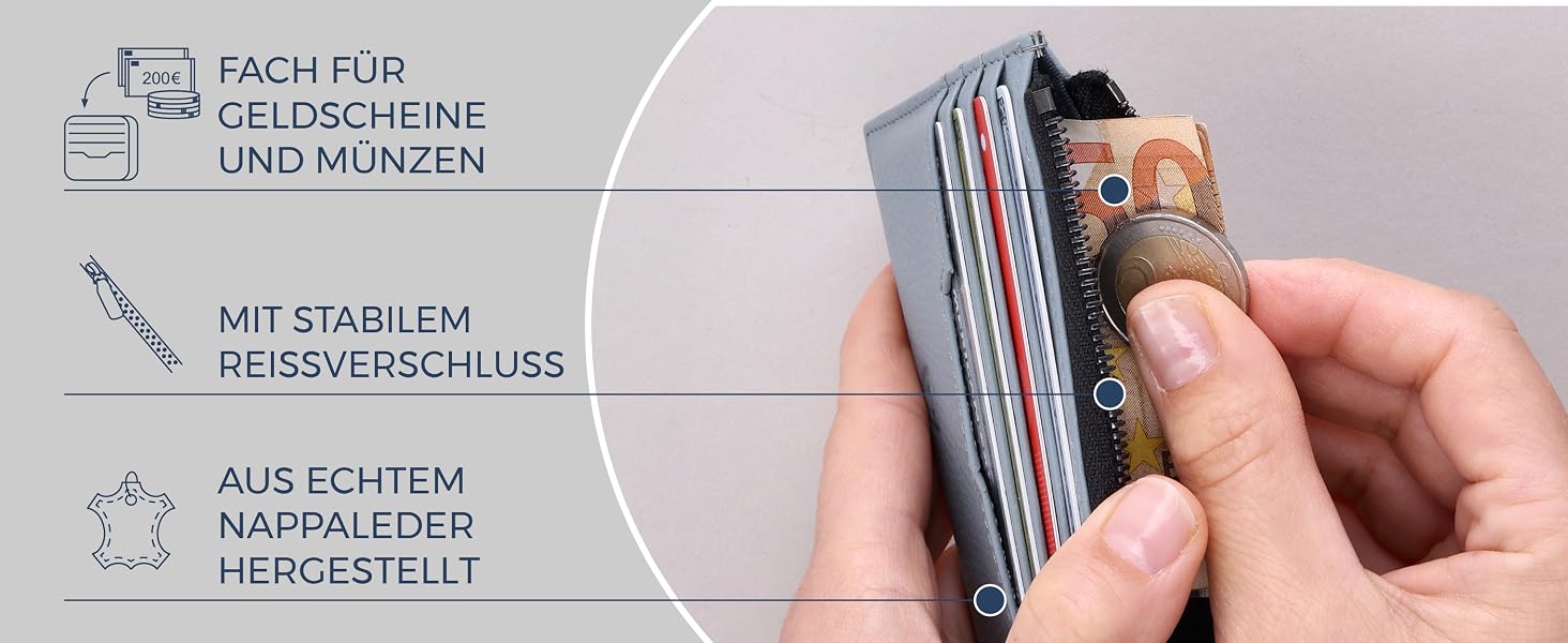 Шкіряний RFID картхолдер VON HEESEN з наппа-шкіри для чоловіків та жінок, 9 відділень, горизонтальний (Світло-блакитний)