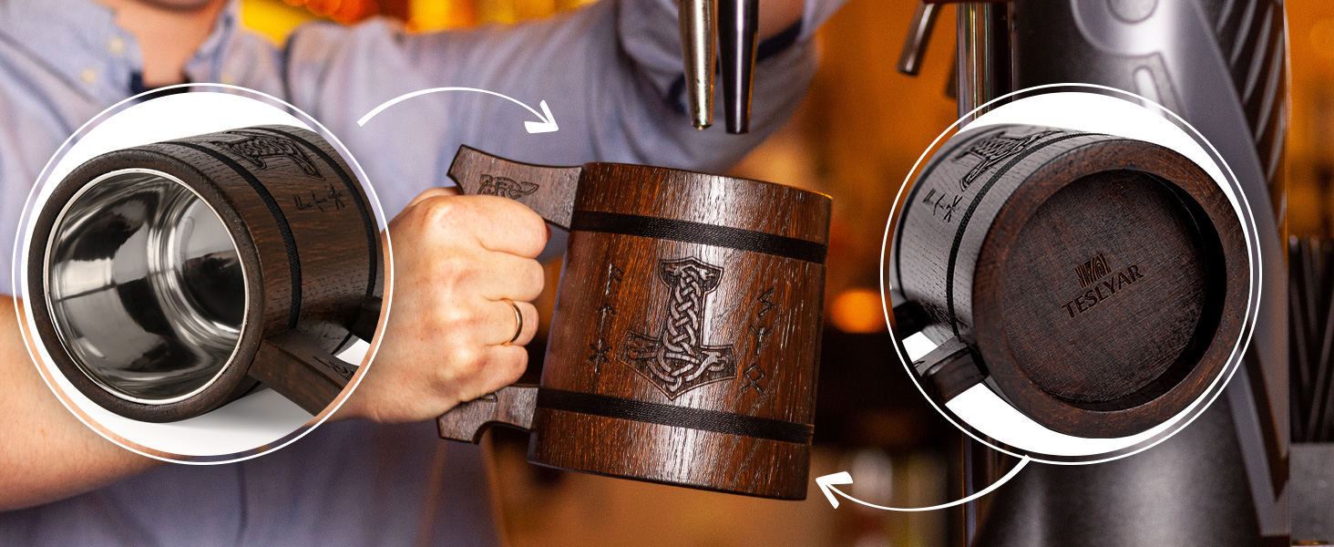 Дерев'яний кубок Wikinger 0.6 л з дуба, коричневий - середньовічний кубок для пива, кружка, глечик з гравіюванням молота Тора, рунами. Ідеальний подарунок для любителів пива, дерев'яний кубок, Валентин, подарунок для чоловіків, ретро, коричневий