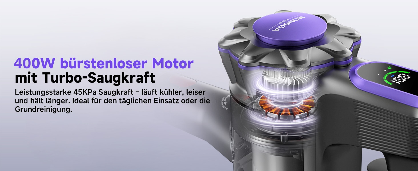 MONSGA Бездротовий акумуляторний пилосос з дисплеєм, 45000Pa, 50 хвилин роботи, антизаплутана щітка, самостійна парковка, док-станція на стіні, 8-шарова фільтрація, безщітковий двигун, для твердих поверхонь, килимів, шерсті тварин, авто