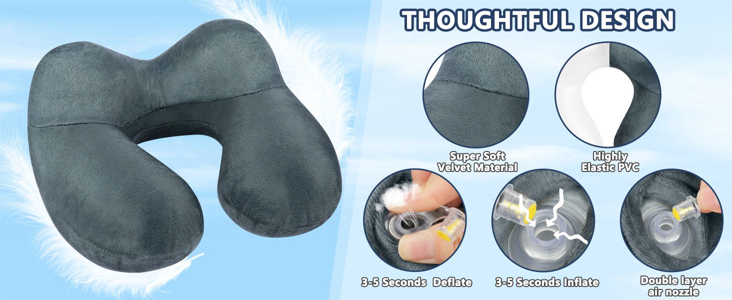 Надувна подушка для шиї Flintronic, ергономічна підголовник з м'яким знімним чохлом для шиї, підборіддя та голови, для подорожей та кемпінгу (темно-сірий) з двошаровою повітряною насадкою