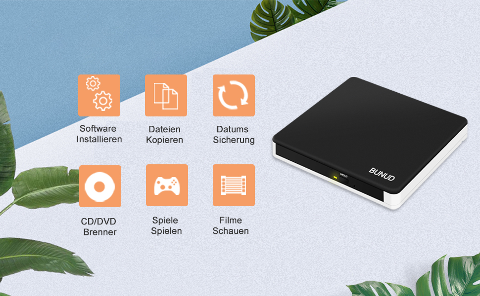 Зовнішній DVD-привід BUNUD USB 3.0: CD/DVD гравір та плеєр з картридером SD/TF для Windows 11, Mac, MacBook Pro Air, PC, ноутбука, чорно-білий