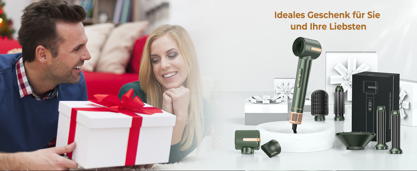 Airstyler Pro 7-в-1: Фен-щітка, плойка, випрямляч, стайлер для волосся Atopskins, 11000 обертів, з насадкою-дифузором, для створення об'єму, локонів та випрямлення, зелено-золотий