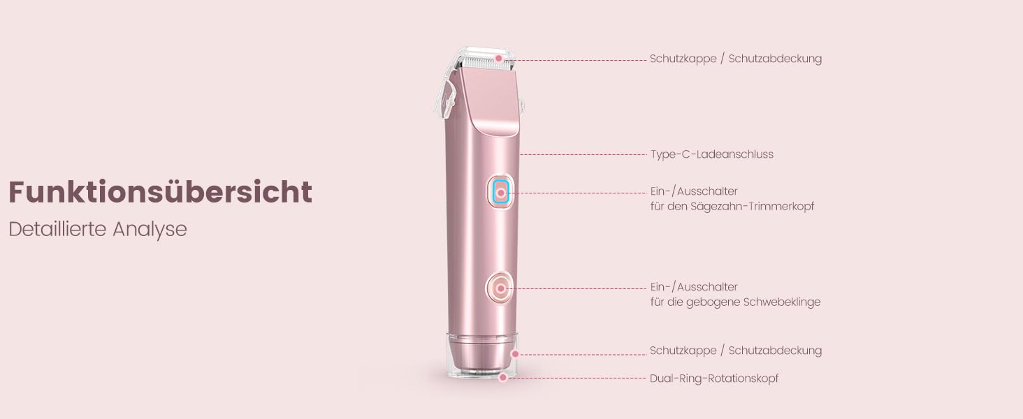 Епілятор для жінок 2-в-1 з тримером для бікіні, ніг, тіла. Вологостійкий, USB-C, рожеве золото