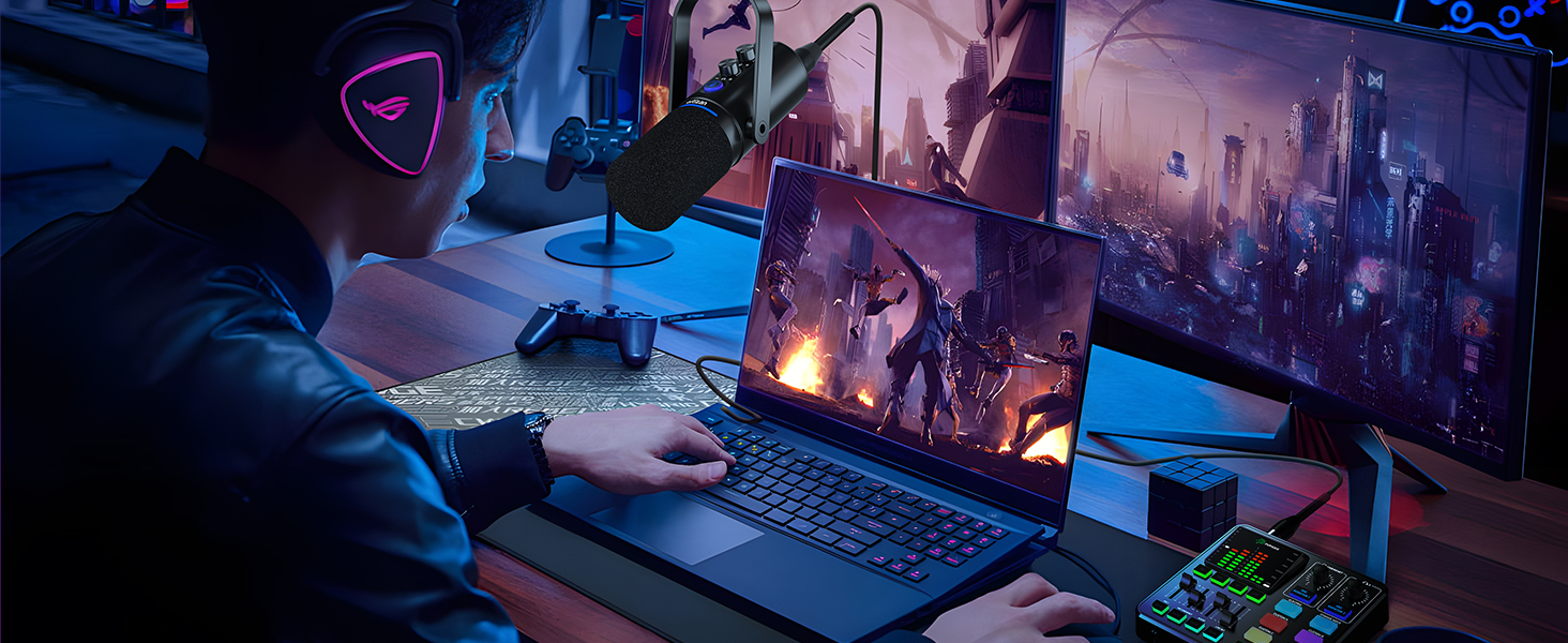 Мікрофон Ortizan XLR/USB для геймінгу та подкастингу з регулятором гучності, кріпленням, ефектами та шумозаглушенням - Чорний