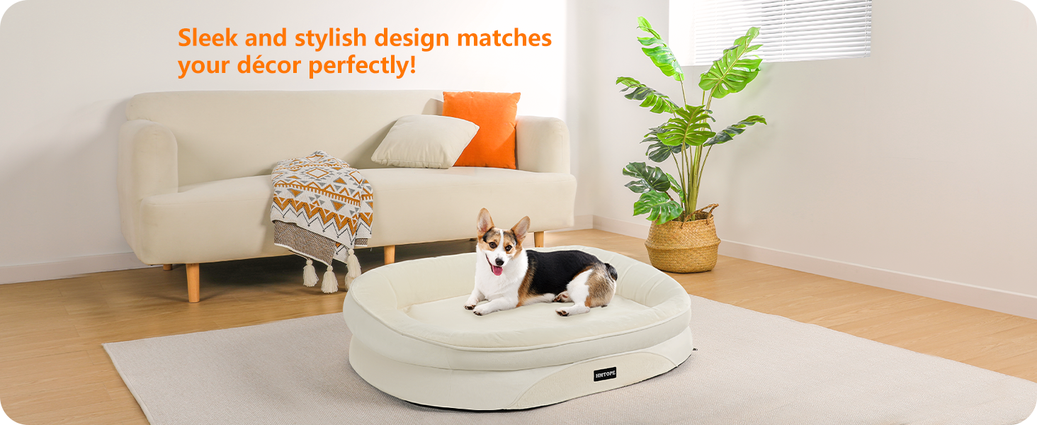 Ортопедичне ліжко для собак, ліжко-софа для собак з підковоподібним валиком, неслизьке дно, кошик для собак, знімне та пральне, середні та великі породи, 106 x 79 x 17 см (90 x 71 x 15 см), бежеве