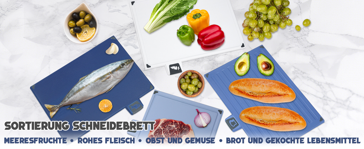 Набір з 3 дерев'яних обробних дощок, великі, з антибактеріальним покриттям, з пресом для часнику, для кухні, для овочів/фруктів/м'яса, бежевий+зелений+темно-синій