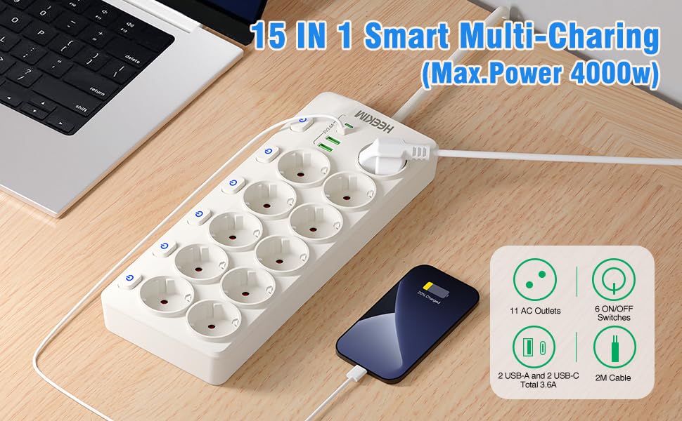 Многорозетка HEEKIM з USB, 11 розеток (2 USB-A, 2 USB-C), 4000W, 16A, з індивідуальним вимикачем, 2м кабель, для дому, школи, офісу