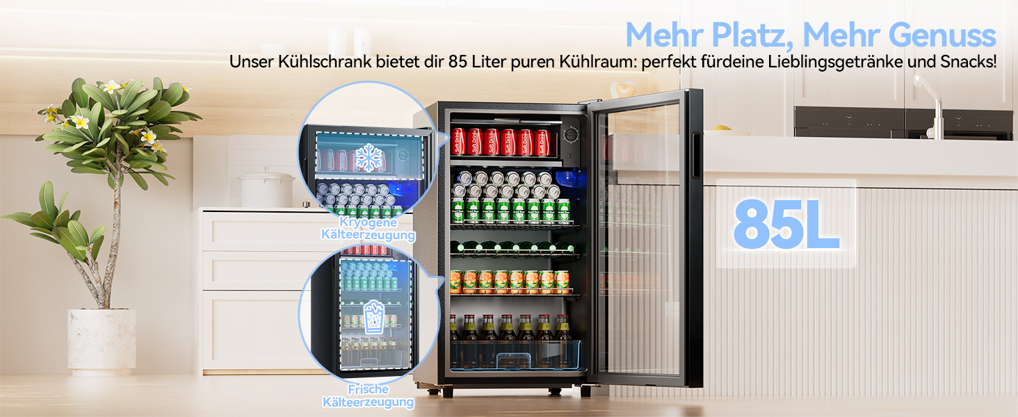 Холодильник для напоїв на 85 літрів з скляними дверцятами та блакитним LED-підсвічуванням, 3 регульовані полиці для соди/пива/вина, ідеальний для дому та вечірок