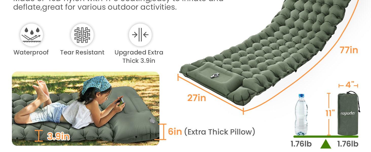 ROPODA Self-Inflating Camping Mat with Pillow & Foot Pump - Ultralight Waterproof Sleeping Pad for Outdoor, Camping, Hiking (Green & Gray)