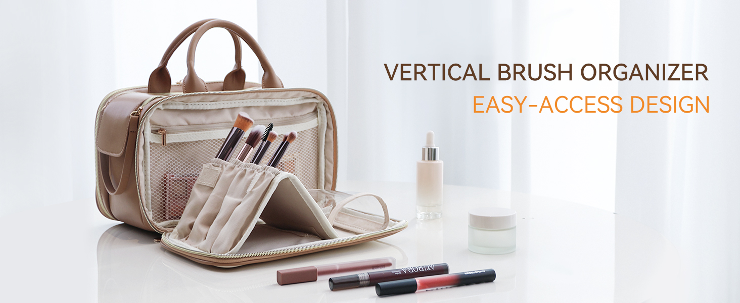 Косметичка для макіяжу Prite з великою місткістю, водонепроникна, з ручкою та кількома відділеннями, бежево-коричнева