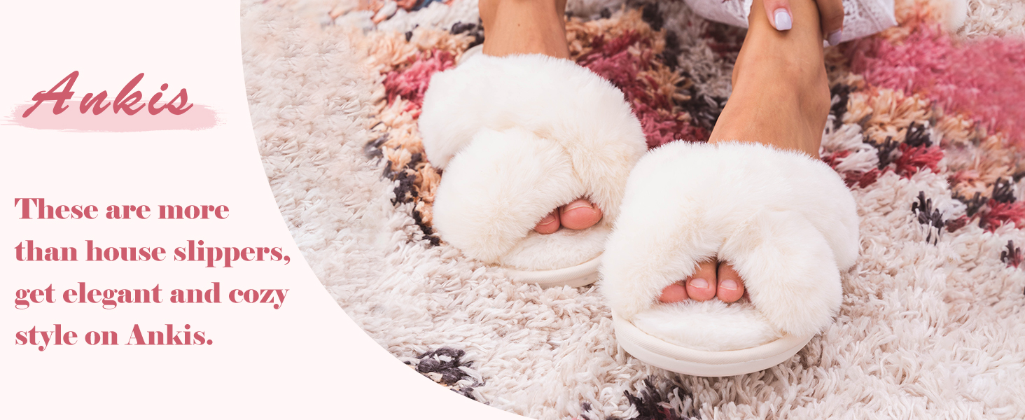 Тапочки жіночі Ankis з плюшу, теплі зимові, з перехресними ремінцями, з піною з пам'яті, відкриті пальці, жіночі пухнасті тапочки для дому та вулиці (білий, чорний, сірий, рожевий, верблюжий) 36/37 EU Білий