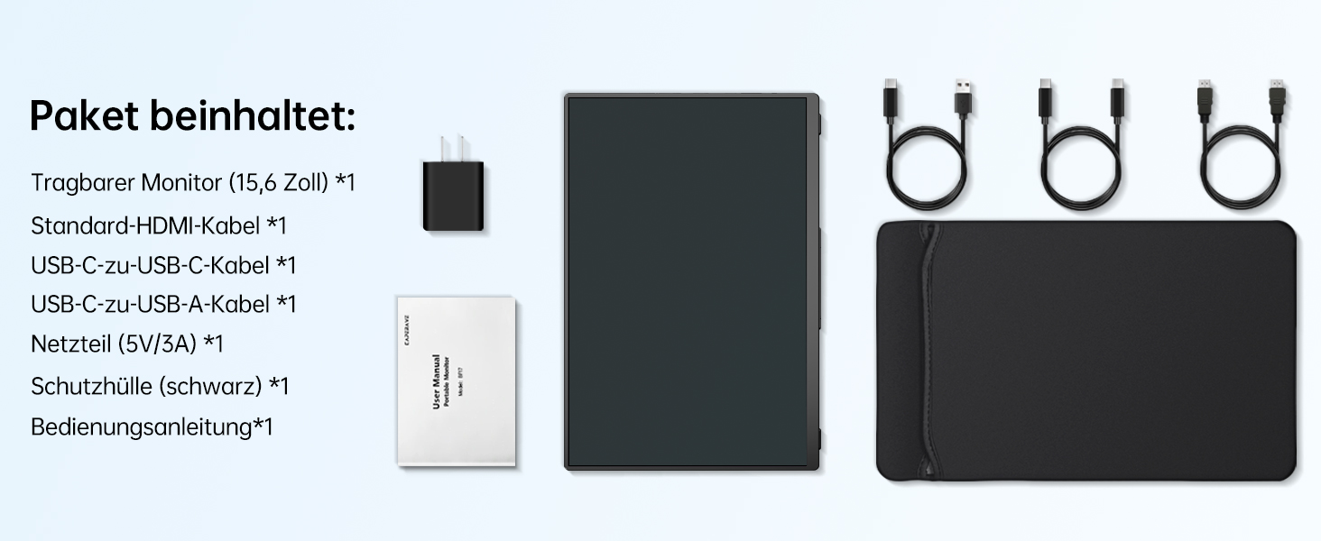 Портативний монітор 15.6' FHD IPS з динаміками та підставкою, ультратонкий додатковий екран для ноутбука/ПК/Mac - USB-C & HDMI, з захисним чохлом, матовий чорний 15.6