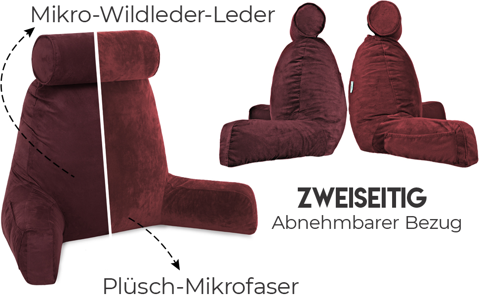 Подушка для чоловіка з підлокітниками - велика, для читання та відпочинку в ліжку. Висока спинка, преміум піна з пам'яті, знімна подушка для шиї на стрічці (Aspen Beige, | Arizona Burgundy)