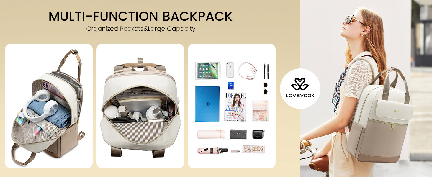 LOVEVOOK Рюкзак для жінок, 15.6 дюймів, рюкзак для школи, підліток, дівчина з відділенням для ноутбука, водонепроникний, міський, туристичний, щоденний, елегантний рюкзак для подорожей, школи, роботи (15.6 дюймів, Бежево-оливковий)