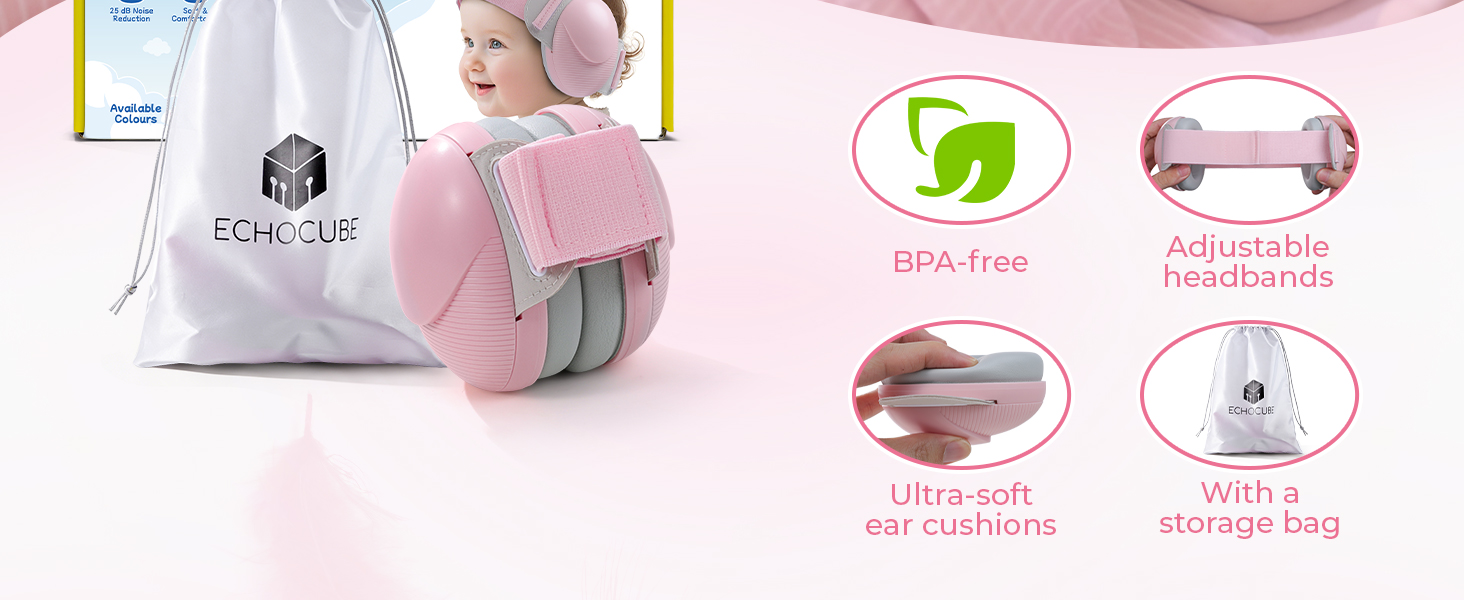 Дитячі навушники для захисту від шуму, регульовані, 0-48 місяців, сертифіковані CE та ANSI, 25 dB, для літаків, сну, рожеві