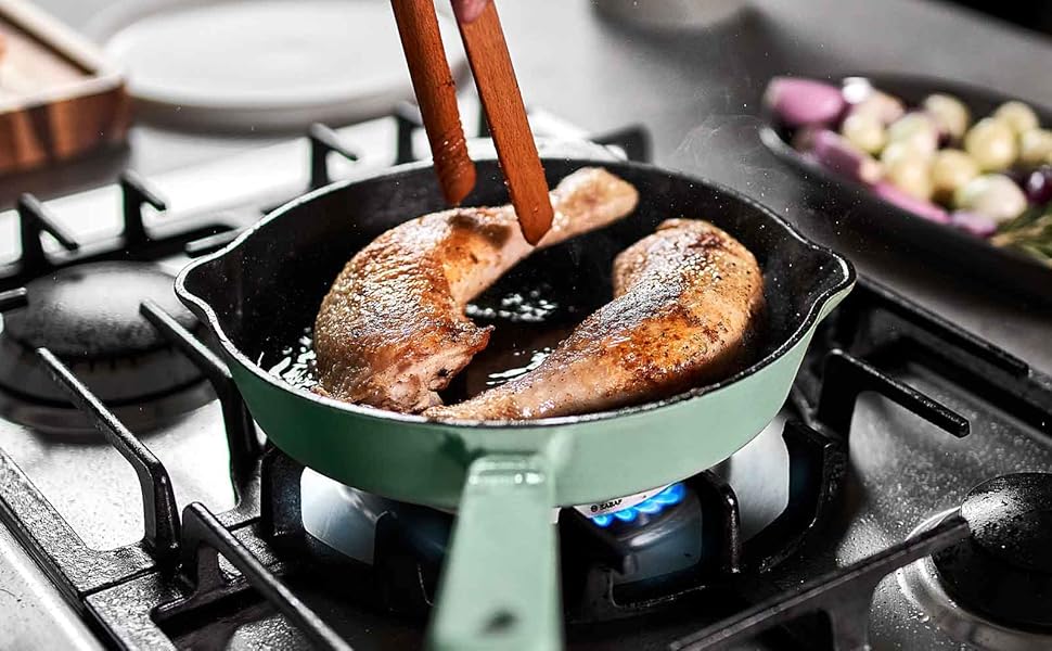 Чавунна гриль-сковорода Springlane 26 см емальована - для стейків, для всіх плит (індукція), м'ятний колір