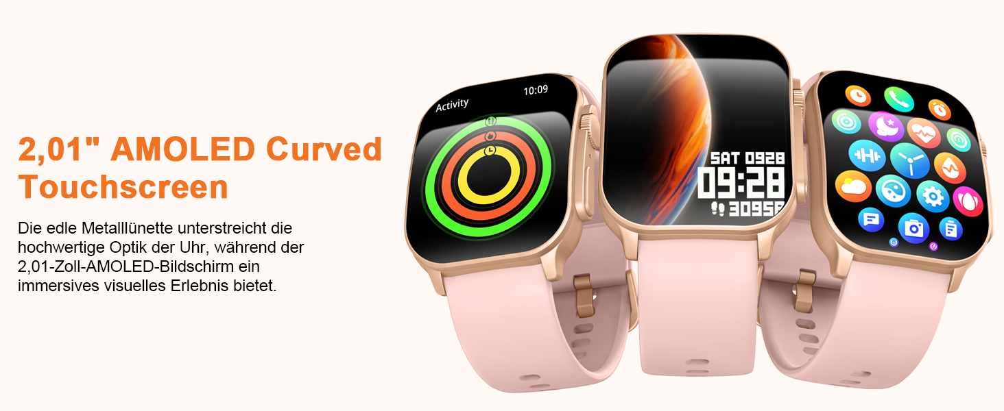 Смарт-годинник жіночий та чоловічий з AMOLED екраном, рожевий: Bluetooth дзвінки, фітнес-трекер, пульсометр, моніторинг сну, IP68 водонепроникний