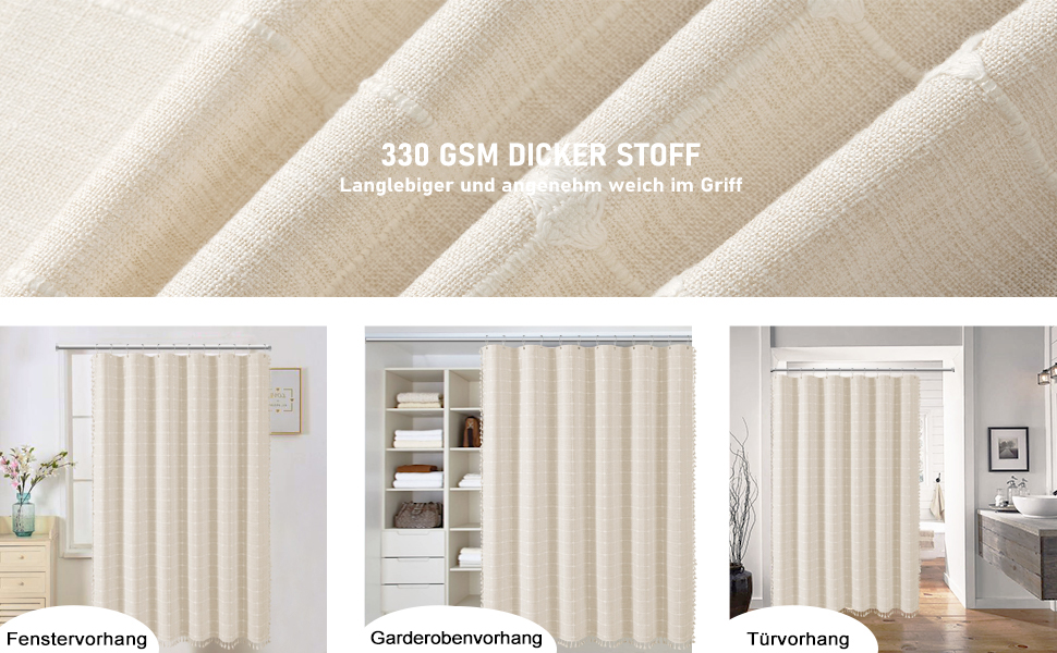 Шторка для душу BTTN 182x180 см, бохо-фермерський стиль, льонова тканина, з бахромою, водовідштовхувальна, з вантажами, комплект з 12 гачками, бежевий/кремовий, сітка