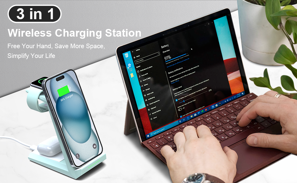 Бездротова зарядка 3-в-1 для Apple Watch, iPhone та AirPods Pro (білий/зелений)