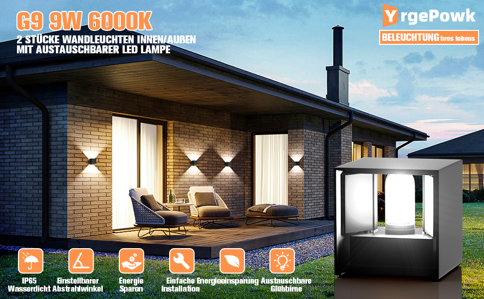 Настінні світильники YrgePowk 2 шт. з LED лампочками G9, IP65, чорні, регульовані, 3000K/6000K