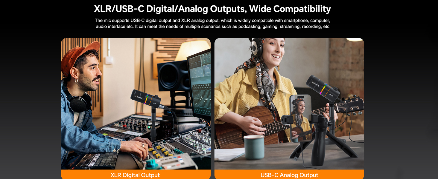 Мікрофон Comica D10 EIN з підсвічуванням RGB, XLR/USB, для стрімінгу, TikTok, подкастів та запису голосу. Сумісний з PC, Smartphone, Computer, Mac, PS4/5.