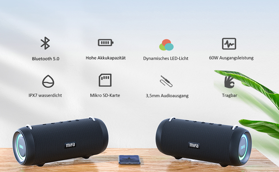 MIFA A90 Bluetooth-колонка: 60W, водонепроникність IPX7, RGB-підсвічування, 30 годин роботи, USB/Micro SD/AUX, True Wireless Stereo, з чохлом та ремінцем