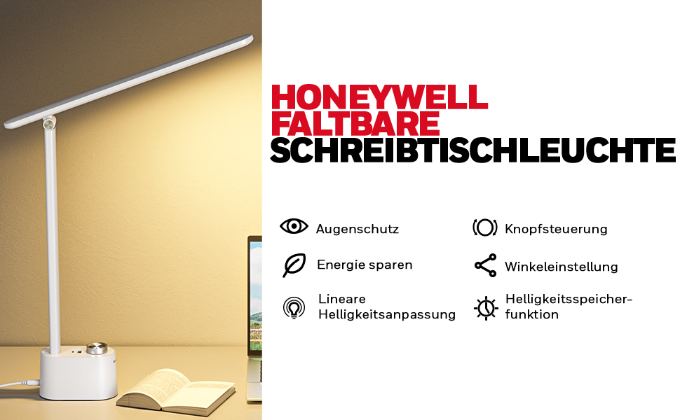 Лампа настільна Honeywell з USB-портом, диммер, захист очей – для дому та офісу, складна, портативна, HWT-H01 (біла)