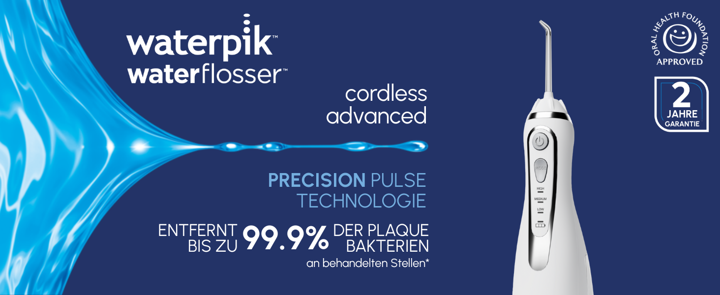 Waterpik Advanced Waterflosser: бездротовий іригатор, Testsieger 2024, технологія Precision Pulse, 4 насадки, 3 режими, для догляду за зубами та яснами
