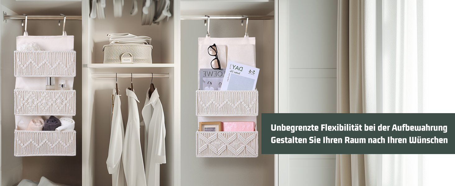 Організатор для дверей з 4 кишенями, Бохо декор, Настінна полиця-організатор з 2 гачками, Складаний настінний органайзер для спальні, дитячої кімнати, ванної (5 кишень-слонова кістка)