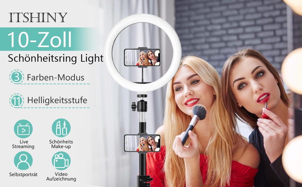 Ринглайт LED 10 дюймів зі штативом для смартфона, з пультом керування, USB, 3 режими світла, 11 рівнів яскравості, для макіяжу, стрімінгу, селфі, відеодзвінків, влогів