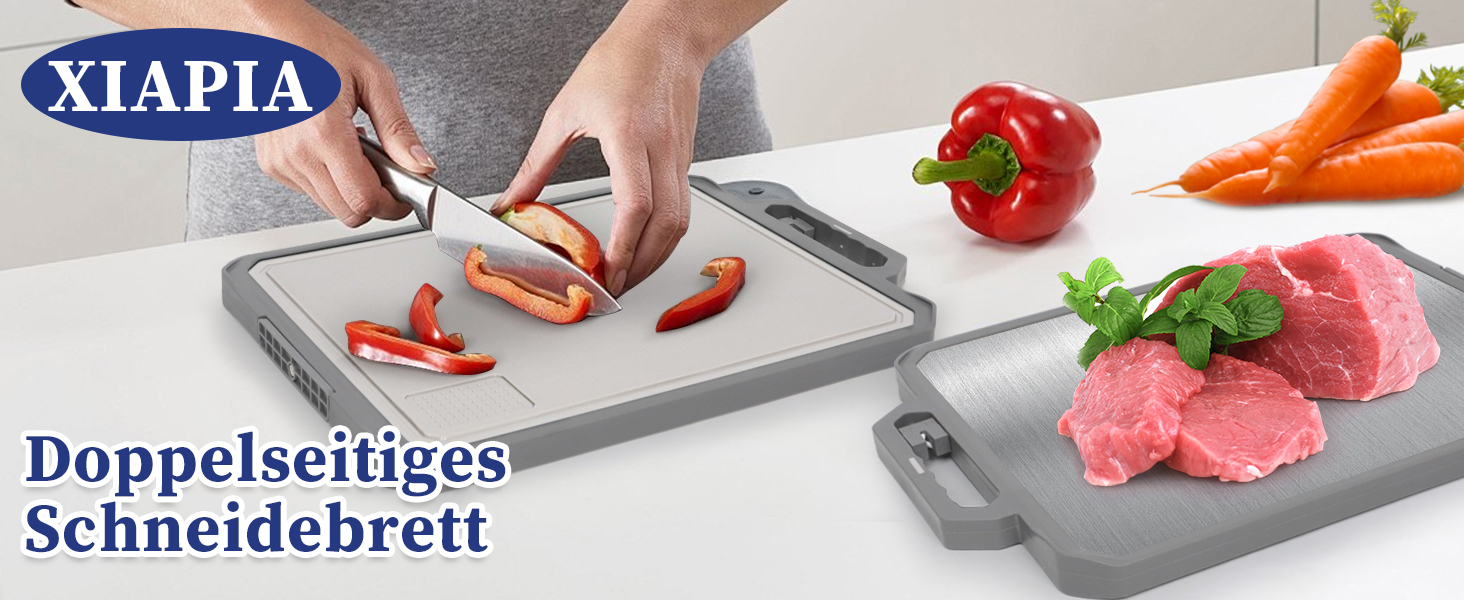 Ніжне нарізне дошка XIAPIA з нержавіючої сталі 304 та пластику з точилкою для ножів, 44x30x2,6 см, велика кухонна дошка з антибактеріальним покриттям, без BPA, з вбудованим ручкою та лінійкою, сіра