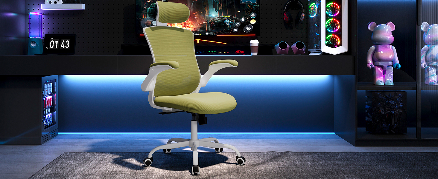 Офісне крісло Colamy з ергономічною підтримкою спини, регульованою підголівником та поперековою підтримкою, поворотне, (Зелений, Classic)