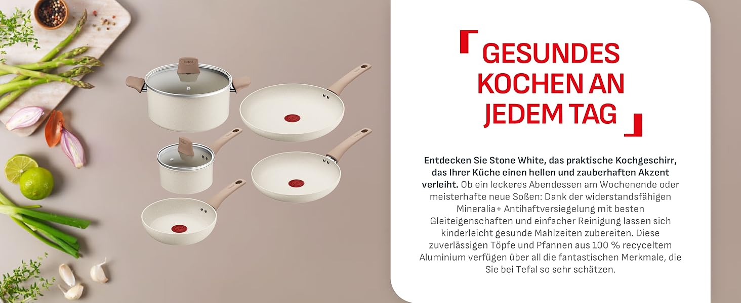 Набір посуду Tefal Mineralia+ Stone White On, 7 предметів, антипригарне покриття, Thermo-Signal, для всіх типів плит, білий, G199S544