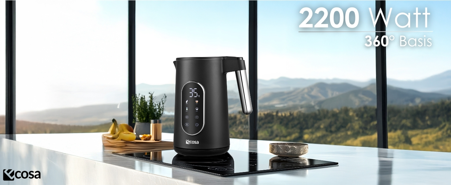 Електричний чайник-заварник зі сталі з регулюванням температури 40-100°C, 1.7 л, 2200 Вт, без BPA, з підігрівом та LED дисплеєм (чорний)