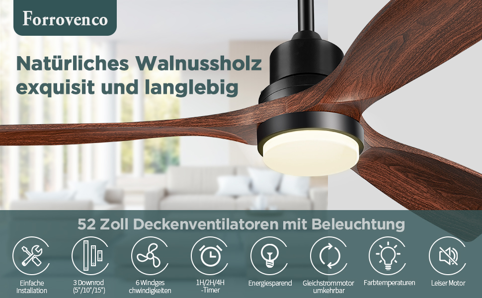 Стеляний вентилятор з підсвічуванням та пультом керування, тихий DC двигун, 132 см, 3 дерев'яних лопаті, таймер, 6 швидкостей, сертифікат ETL, режим літо/зима для спальні, коричневий