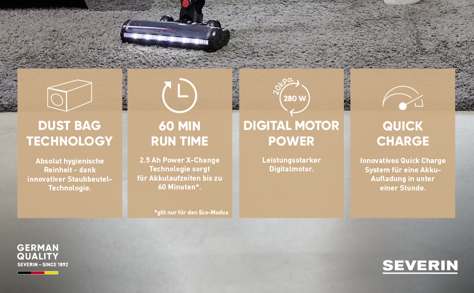 SEVERIN SEPURO акумуляторний ручний та стійковий пилосос з інноваційною технологією пилозбірників та акумулятором Einhell Power, бездротовий пилосос з мішком для алергіків, акумуляторний пилосос, мішковий варіант HV 7185